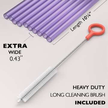 10 EXTRA WIDE Long Reusable Hard Plastic Drinking Straws + Cleaning Brush - Fat Thick Large Jumbo St...
