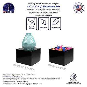 12" x 12" x 9" Riser Display Box Black Acrylic Throne with One Open Side No Lid Versatile Glossy Square Lucite Merchandise Storage Bin or Retail Product Pedestal by Marketing Holders