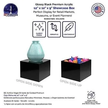 12" x 12" x 9" Riser Display Box Black Acrylic Throne with One Open Side No Lid Versatile Glossy Square Lucite Merchandise Storage Bin or Retail Product Pedestal by Marketing Holders