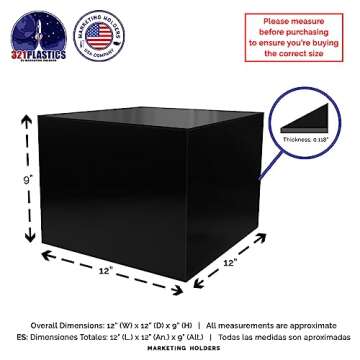 12" x 12" x 9" Riser Display Box Black Acrylic Throne with One Open Side No Lid Versatile Glossy Square Lucite Merchandise Storage Bin or Retail Product Pedestal by Marketing Holders