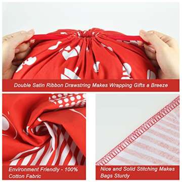 HRX Package Fabric Drawstring Gift Bags 20x16 inch, 100% Cotton 3pcs Reusable Christmas Wrapping Sacks Cloth Pouches for Xmas Presents Party Favor