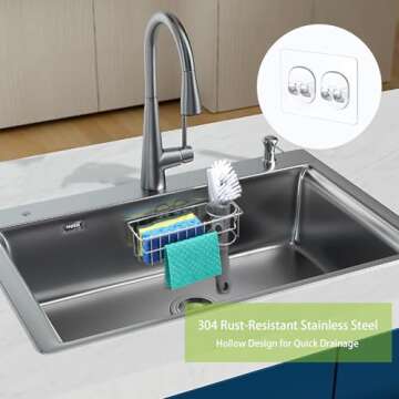 Vaytong 3-in-1 Sponge Holder for Kitchen Sink, with Detachable Rod for Hanging Cloths, Kitchen Sink Caddy Organizer Rack, Dish Cloths, Sponge, Brush, Scrubber, Soap Tray, 304 Stainless Steel, White