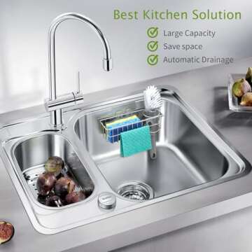 Vaytong 3-in-1 Sponge Holder for Kitchen Sink, with Detachable Rod for Hanging Cloths, Kitchen Sink Caddy Organizer Rack, Dish Cloths, Sponge, Brush, Scrubber, Soap Tray, 304 Stainless Steel, White