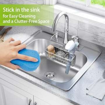 Vaytong 3-in-1 Sponge Holder for Kitchen Sink, with Detachable Rod for Hanging Cloths, Kitchen Sink Caddy Organizer Rack, Dish Cloths, Sponge, Brush, Scrubber, Soap Tray, 304 Stainless Steel, White