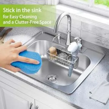 Vaytong 3-in-1 Sponge Holder for Kitchen Sink, with Detachable Rod for Hanging Cloths, Kitchen Sink Caddy Organizer Rack, Dish Cloths, Sponge, Brush, Scrubber, Soap Tray, 304 Stainless Steel, White