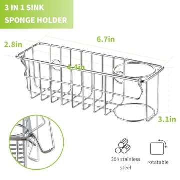 Vaytong 3-in-1 Sponge Holder for Kitchen Sink, with Detachable Rod for Hanging Cloths, Kitchen Sink Caddy Organizer Rack, Dish Cloths, Sponge, Brush, Scrubber, Soap Tray, 304 Stainless Steel, White