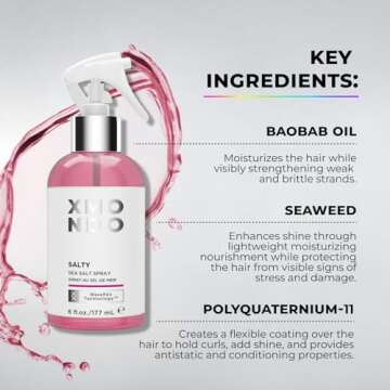XMONDO Hair Salty Sea Salt Spray - Vegan Formula with Natural Minerals, Seaweed Extracts, and Baobab Oil to Fight Static, Enhance Hydration, and Add Shine, 6 Fl Oz 1-Pack