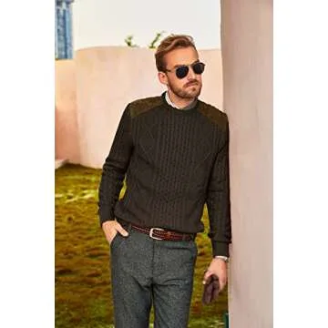 Men's Military Commando Sweater Fisherman Cable Crewneck Sweater Chunky Twisted Knitted Pullover Tops for Outdoor Coffee
