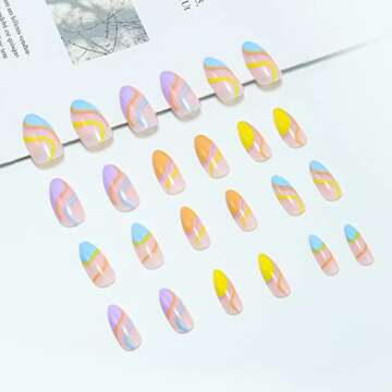 24 Pcs Press on Nails Medium Design, Misssix Short Fake Nails Almond Swirl Glue on Nails Set with Adhesive Tabs Nail File for Women