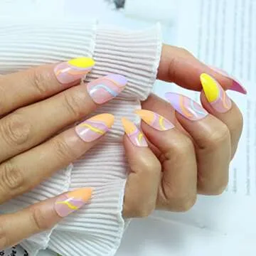 24 Pcs Press on Nails Medium Design, Misssix Short Fake Nails Almond Swirl Glue on Nails Set with Adhesive Tabs Nail File for Women