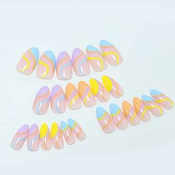 24 Pcs Press on Nails Medium Design, Misssix Short Fake Nails Almond Swirl Glue on Nails Set with Adhesive Tabs Nail File for Women