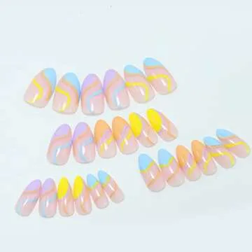 24 Pcs Press on Nails Medium Design, Misssix Short Fake Nails Almond Swirl Glue on Nails Set with Adhesive Tabs Nail File for Women