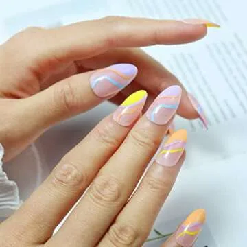 24 Pcs Press on Nails Medium Design, Misssix Short Fake Nails Almond Swirl Glue on Nails Set with Adhesive Tabs Nail File for Women