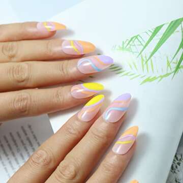 24 Pcs Press on Nails Medium Design, Misssix Short Fake Nails Almond Swirl Glue on Nails Set with Adhesive Tabs Nail File for Women