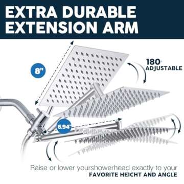 Shower Head,8”Rain Shower Head with Handheld Spray Combo with 11'' Angle Adjustable Extension Arm/Flow Regulator/Shower System,High Pressure Rainfall Shower Head Bathroom,Chrome