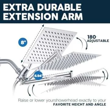 Shower Head,8”Rain Shower Head with Handheld Spray Combo with 11'' Angle Adjustable Extension Arm/Flow Regulator/Shower System,High Pressure Rainfall Shower Head Bathroom,Chrome
