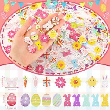 JUNEBRUSHS 260Pcs Easter Wooden Buttons 2 Holes Flowers Butterflies Crosses Chicks Carrots Bunny Woo...