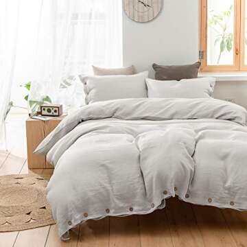 Simple&Opulence 100% Washed Linen Duvet Cover, 2 Pieces Natural Flax French Country Bedding Set, Breathable Farmhouse Comforter Cover with Coconut Button Closure(Twin,Grey)
