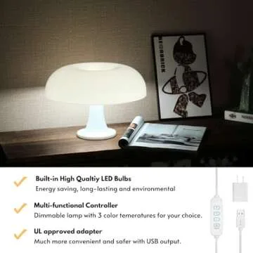 UEHICT Mushroom Lamp with 3 Lighting Modes, Dimmable 70s Retro Mid Century Modern Lamp for Bedroom, Funky Unique Lamp for Room Decor Aesthetic, Hippie Decor Donut Lamp, Vintage Decor Collection(White)