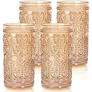 abrwyy Amber Glassware Set of 4 Vintage Drinking Glasses, 12oz Heavy Duty Cups, Old Fashioned Glass,...