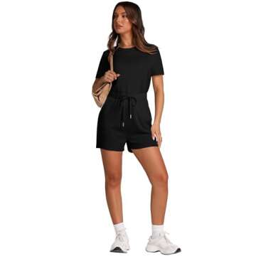 XIEERDUO Jumpsuits for Women 2024 Black Jumpsuit for Women Casual Summer Short Sleeve Romper Loungewear for Women with Pockets M