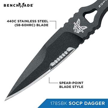 Benchmade - 178 SOCP Fixed Spear-Point Blade, Serrated Edge and Black Sheath, Made in the USA