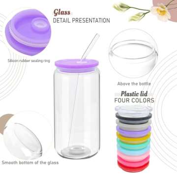20 Pack Drinking Glass Cups with Acrylic Lids and Glass Straws 16oz Clear Glass Tumblers Can Shaped ...