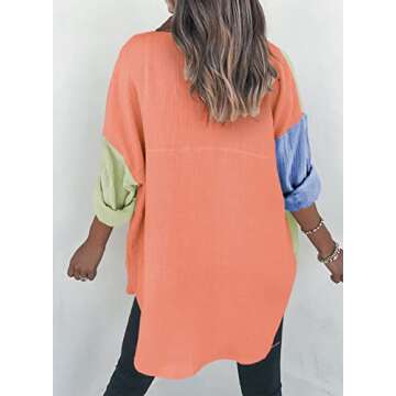 Dokotoo Womens Casual 2025 Spring Button Down V Neck Collared Long Sleeve Shirts for Women Ladies Soft Loose fit Fashion Autumn Basic Blouses Summer Tops with Pockets Orange L