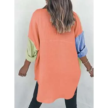 Dokotoo Womens Casual 2025 Spring Button Down V Neck Collared Long Sleeve Shirts for Women Ladies Soft Loose fit Fashion Autumn Basic Blouses Summer Tops with Pockets Orange L
