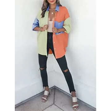 Dokotoo Womens Casual 2025 Spring Button Down V Neck Collared Long Sleeve Shirts for Women Ladies Soft Loose fit Fashion Autumn Basic Blouses Summer Tops with Pockets Orange L