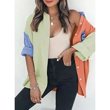 Dokotoo Womens Casual 2025 Spring Button Down V Neck Collared Long Sleeve Shirts for Women Ladies Soft Loose fit Fashion Autumn Basic Blouses Summer Tops with Pockets Orange L