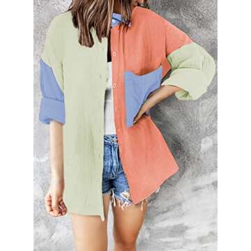 Dokotoo Womens Casual 2025 Spring Button Down V Neck Collared Long Sleeve Shirts for Women Ladies Soft Loose fit Fashion Autumn Basic Blouses Summer Tops with Pockets Orange L