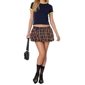 Goafuliy Bubble Skirt for Women, Y2k Plaid Skort Casual Elastic Low Waist Flowy A Line Pleated Mini Skirts Navy M