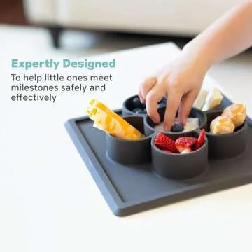 ezpz Mini Play Mat for Baby + Toddler - 6 months+ (Slate) - Suction Plate with Flower Compartments for Crafts, Painting, Sorting, Snack Time - Promotes Pincer Grip