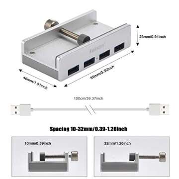 USB Hub 3.0 - Rekidm 4 Port Aluminum Desk USB Hub 3.0 Clamp Design for Desktop, Computer, PC, Table Edge with Durable Adjustable Clip, Space-Saving Mountable USB Hub Fast Speed Transfer