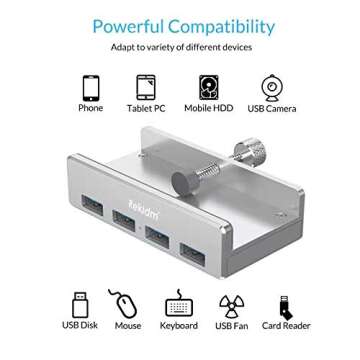 USB Hub 3.0 - Rekidm 4 Port Aluminum Desk USB Hub 3.0 Clamp Design for Desktop, Computer, PC, Table Edge with Durable Adjustable Clip, Space-Saving Mountable USB Hub Fast Speed Transfer