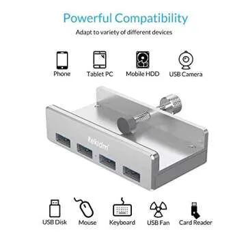 USB Hub 3.0 - Rekidm 4 Port Aluminum Desk USB Hub 3.0 Clamp Design for Desktop, Computer, PC, Table Edge with Durable Adjustable Clip, Space-Saving Mountable USB Hub Fast Speed Transfer