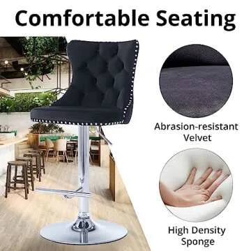 i-POOK Swivel Bar Stools Set of 2, Adjustable Counter Height Barstools with Nailheads Trim, Button Tufted Back and Silver Footrest, Velvet Bar Chairs for Dining Room Home Bar Kitchen Island, Black