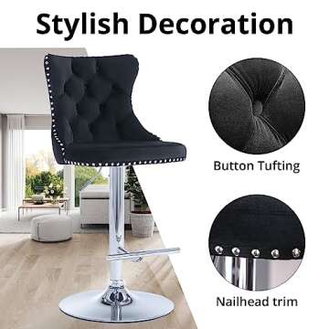 i-POOK Swivel Bar Stools Set of 2, Adjustable Counter Height Barstools with Nailheads Trim, Button Tufted Back and Silver Footrest, Velvet Bar Chairs for Dining Room Home Bar Kitchen Island, Black