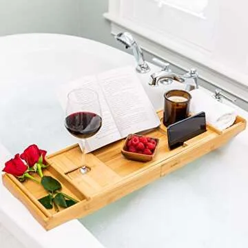 SMIRLY Bathtub Tray Caddy - Expandable Bamboo Bath Tray, Bathtub Accessory, House Warming Gifts New Home, Wedding Gifts for Couple, Birthday Gifts for Women.