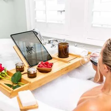 SMIRLY Bathtub Tray Caddy - Expandable Bamboo Bath Tray, Bathtub Accessory, House Warming Gifts New Home, Wedding Gifts for Couple, Birthday Gifts for Women.