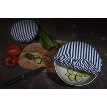 Organic Reusable Bowl Covers – Elastic Bowl Cover Set of 3 Sizes - Blue Stripes, Eco-Friendly Kitc...