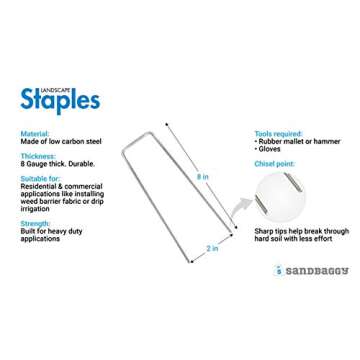 Sandbaggy 8 Inch Long x 2 Inch Wide Extra Wide Landscape Staples – 100 Count