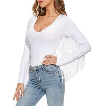 Komorebi Women's Fringe Trim V Neck Long Sleeve Bodysuit Top Cowgirl Outfits Disco Outfit Bodycon Leotard Fitted Stretchy Top White Small