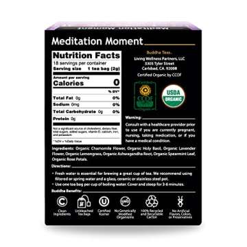 Buddha Teas - Organic Meditation Moment Tea - Herbal Tea - For Health & Wellbeing - With Antioxidants & Minerals - Clean Ingredients - Caffeine Free - OU Kosher & Non-GMO - 18 Tea Bags (Pack of 1)