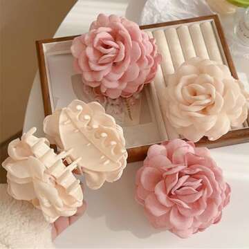 2Pcs Hawaiian Chiffon Pink Apricot Floral Fabric Silk Rose Tulle Blossom Hair Clips and Claw Clips, Summer Hair Accessories