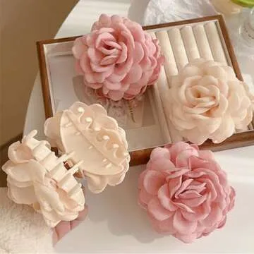2Pcs Hawaiian Chiffon Pink Apricot Floral Fabric Silk Rose Tulle Blossom Hair Clips and Claw Clips, Summer Hair Accessories
