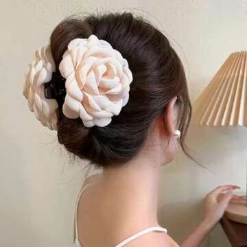 2Pcs Hawaiian Chiffon Pink Apricot Floral Fabric Silk Rose Tulle Blossom Hair Clips and Claw Clips, Summer Hair Accessories