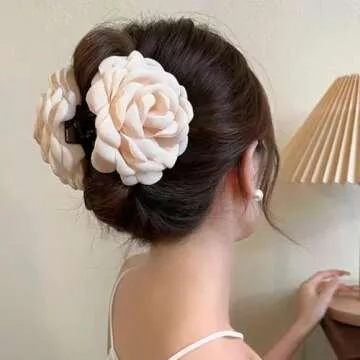 2Pcs Hawaiian Chiffon Pink Apricot Floral Fabric Silk Rose Tulle Blossom Hair Clips and Claw Clips, Summer Hair Accessories