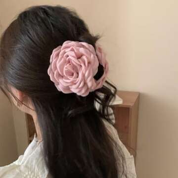 2Pcs Hawaiian Chiffon Pink Apricot Floral Fabric Silk Rose Tulle Blossom Hair Clips and Claw Clips, Summer Hair Accessories